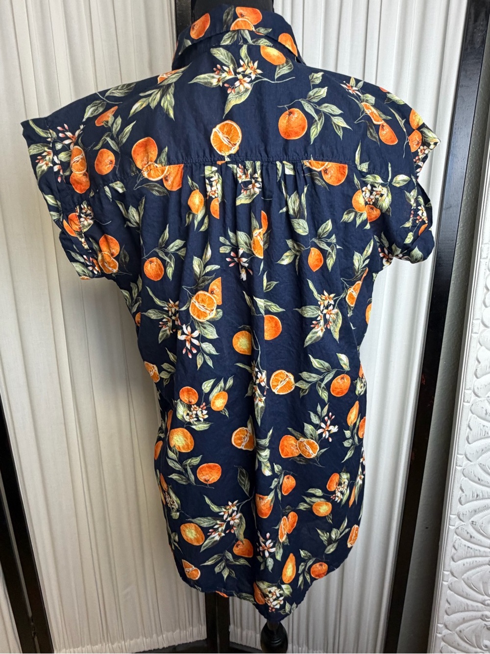 LOFT Navy Floral Print Petite Top with Orange Accent - Picture 4 of 7